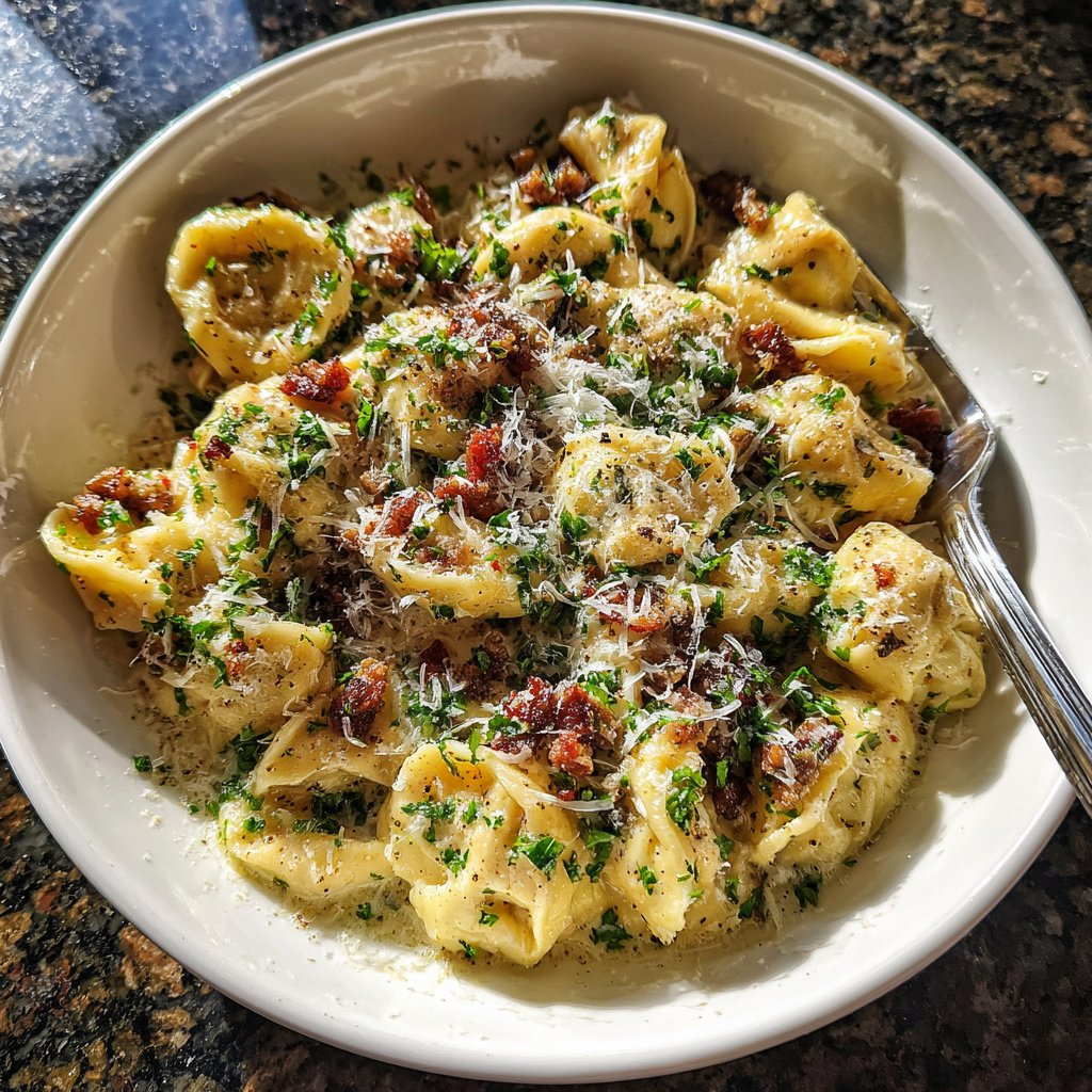 Garlic Steak Tortellini with Crispy Pancetta